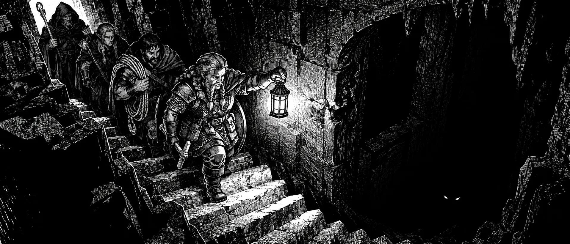 Descending into the dark, a campaign cover for Dungeon Delvers