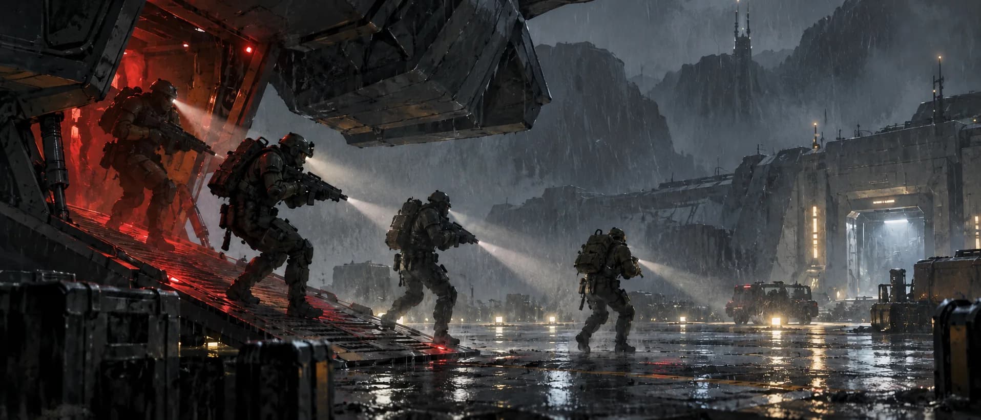 Dropship ramp in the rain, a campaign cover for Colonial Marines