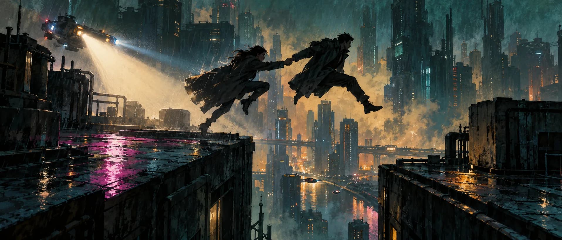 Rooftop leap, a campaign cover for Replicant Underground