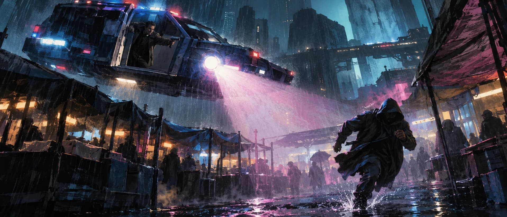 Spinner over the market, a campaign cover for Blade Runner Investigation